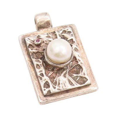 925 Sterling Silver Vintage Pendant Pearl & Ruby Brutalist Frame Design  PT24757 - Image 1 of 4