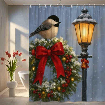 Cortina de ducha con corona de pájaros de Navidad - Decoración navideña Foto 1 de 4