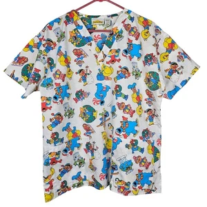 Y2K Sesame Street Christmas Characters Scrub Top White Blue Green Red Size L - Picture 1 of 13