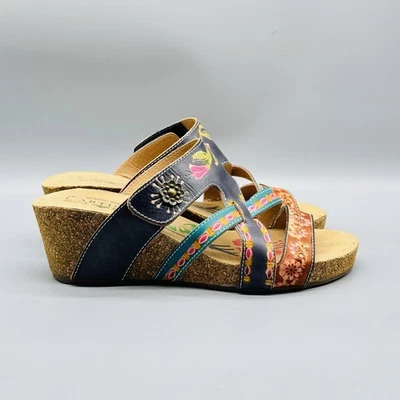 Spring Step L'Artiste Sandals Women 10 Multicolor Leather Swan Wedge Floral Boho - Image 1 of 4