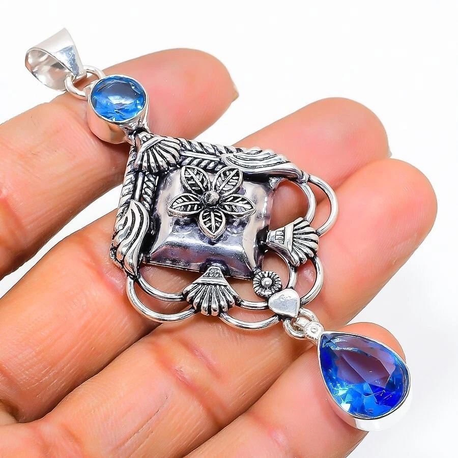 Blue Tanzanite Gemstone 925 Sterling Silver Handmade Jewelry Pendant Sz 2.75" - Image 1 of 1