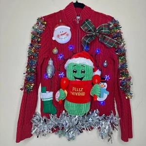 Ugly Christmas Sweater Singing Cactus Feliz Navidad LIGHT UP Lametta Party Winner - Bild 1 von 5