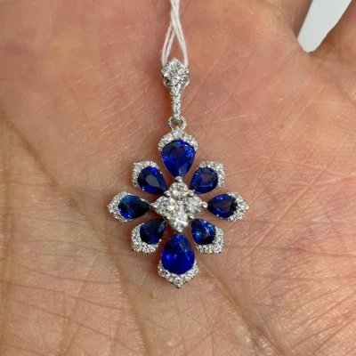 2Ct Pear Cut Lab-Created Sapphire Flower Pendant 14k White Gold Plated 18" Chain - Image 1 of 4