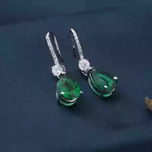 Pear Lab-Created Green Emerald Woman's Drop/Dangle Earring 14K White Gold Plated - Picture 1 of 9