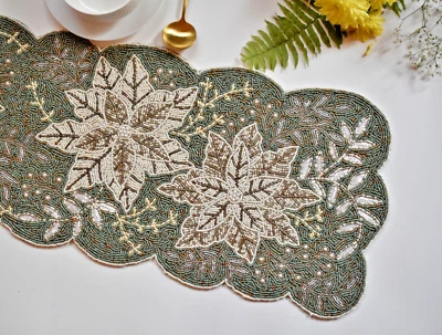 Christmas Beaded Table Runner White Poinsettia Centerpiece Home Décor 13x36 Inch - Image 1 of 4