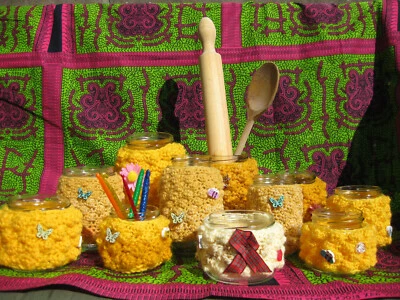 Bee Honey Comb handmade crochet open jars table deco garden picnic wedding party - Image 1 of 3