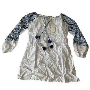 Taj Long Sleeve Tunic Top Womens Size S White Blue Embroidered Sleeves Tassles - Picture 1 of 18