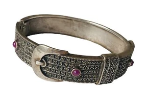 Vintage Sterling Silver Round Ruby Marcasite Belt Buckle Hinged Bracelet 46grams - Picture 1 of 12