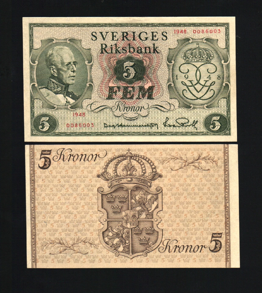 SWEDEN 5 KRONER P41 1948 KING COMMEMORATIVE UNC RARE CURRENCY MONEY BANK NOTE - Image 1 of 1