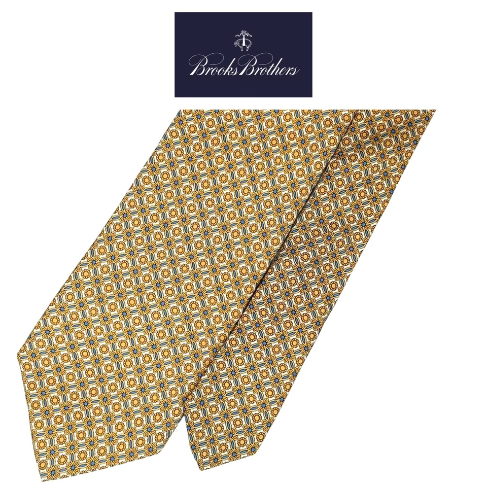 Brooks Brothers 346 Cream Tie - 2 Tone Yellow Blue Floral Pattern 100% Silk Tie - Image 1 of 4