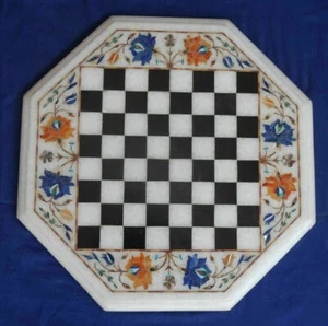 Scacchiera in marmo bianco 18'' Pietra Dura intarsiata lapislazzuli gioco bambini p16 - Foto 1 di 4
