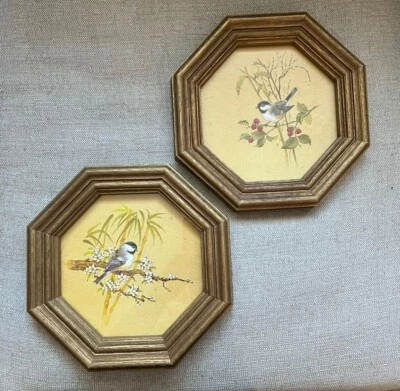 Vintage 80s Homco Octagon Gold Framed Berry Flower Chickadee Bird Prints 10 inch - Image 1 of 4