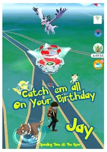 POKEMON mobile phone GO game spoof Happy Birthday PERSONALISED Greeting Art Card - Picture 1 of 4