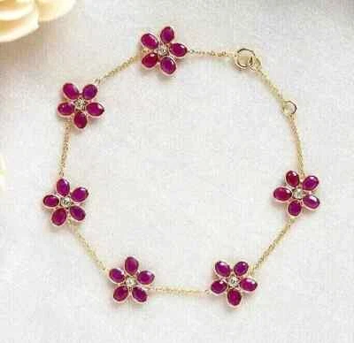 6Ct Oval Cut Lab Created Ruby Flower Women's Bracelet 14K Yellow Gold Plated - Image 1 of 4