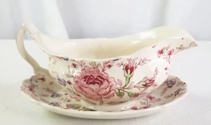 Vintage Johnson Brothers Rose Chintz Pink Gravy Boat W/ Under Plate - Picture 1 of 6