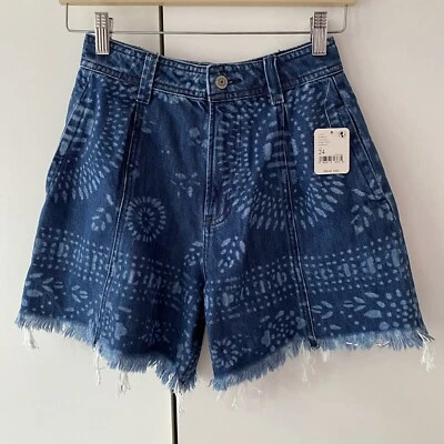 Free People Amelie Printed Denim A-line Shorts Size 24 UK 2 Distressed Raw - Image 1 of 4
