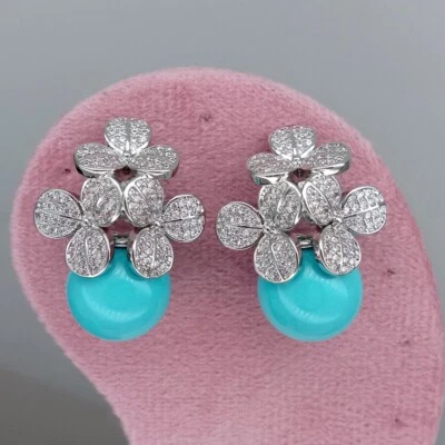 Blue Sea Shell Round Pearl Cz Pave Flower Stud Earrings Valentines Day Jewelry - Image 1 of 4