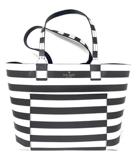 KATE SPADE B&W STRIPE LARGE TOTE BAG | Reversible | NOS 16x11.5x6.5 - Picture 1 of 6