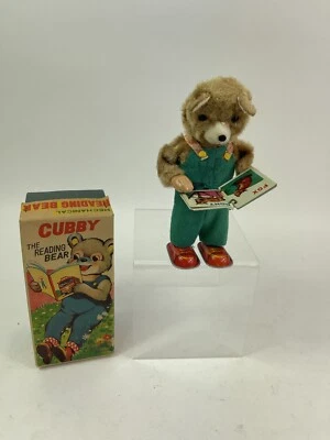 Cubby The Reading Bear vintage de cuerda de los Alpes con caja de 7" de alto años 50 hecho en Japón Foto 1 de 4