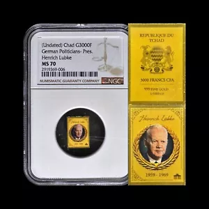 CHAD. 2022, 3000 Francs, Gold - NGC MS70 - Top Pop 🥇 German, Heinrich Lübke - Picture 1 of 5