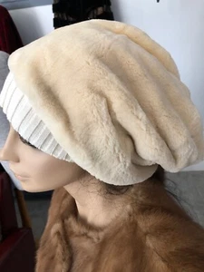 Ivory Sheared Mink FUR HAT BONNET BERET One Sz. Knitting Strip - Picture 1 of 8
