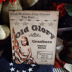 VINTAGE PRIMITIVE COLONIAL AMERICANA JULY 4TH USA FLAG GLORY CRACKERS GIRL SIGN - Picture 1 of 9