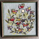 Vintage 70s Needlepoint Cross Stitch Framed Art Work Of Birds Handmade