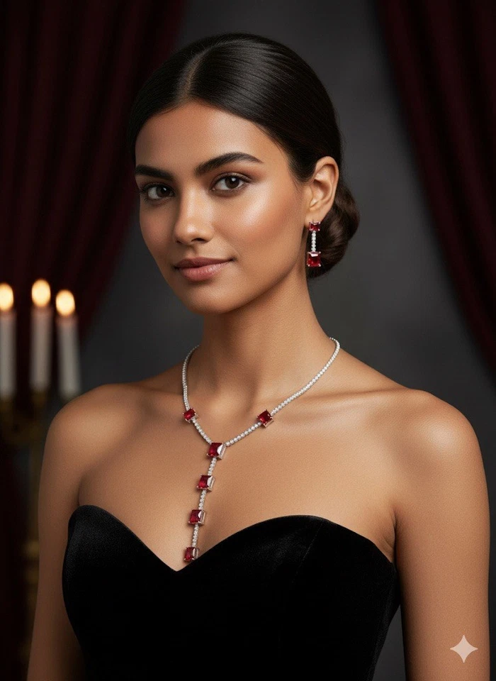 Рубиновый красный родия покрытием дизайнер ожерелье комплект женщин свадьбы / вечеринки помолвки - Изображение 1 из 2