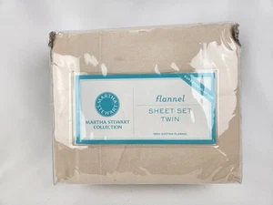 NEW Martha Stewart Collection Flannel Sheet Set Twin Beige Khaki 3 Pc Bed Set - Picture 1 of 9