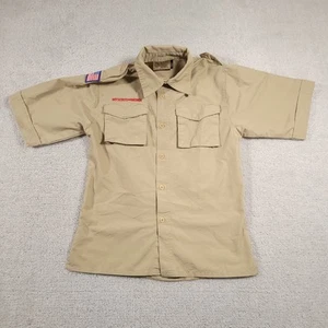 Boy Scouts Of America BSA Shirt Youth Large Tan Button Up Short Sleeve Patches - Picture 1 of 12