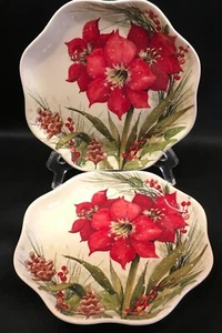 2 Amaryllis Scalloped 8" Salad Dessert Plates Cracker Barrel Christmas Holiday - Picture 1 of 3