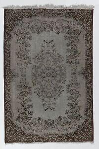 5.6x8.3 Ft Vintage Medallion Design Rug Overdyed in Gray, Handknotted in Turkey