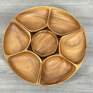 Vintage Teak Wood Lazy Susan 5 Piece Revolving Set 4 Serving Dishes 18 In - Picture 1 of 17
