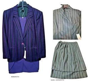 Tailleur Completo Tweed Invernale Pura Lana Comodo Giacca Gonna Viola Verde Vtg - Picture 1 of 56