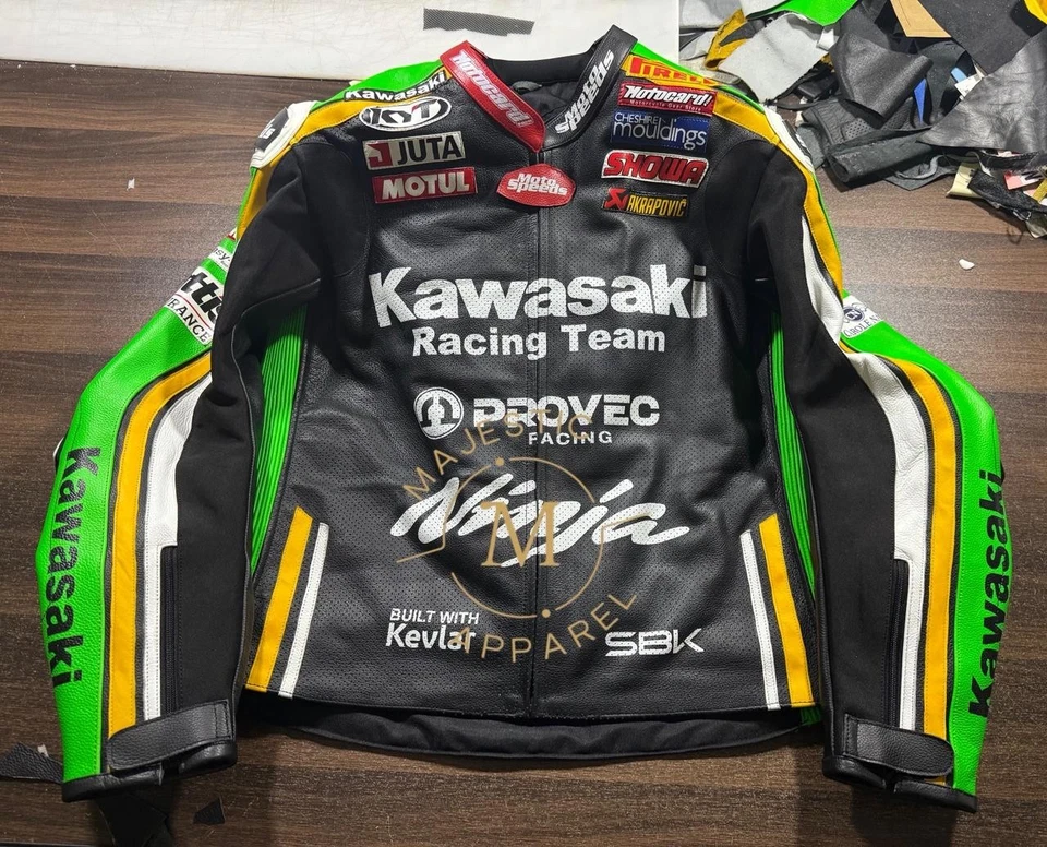 Kawasaki Moto Cuero de Vaca Motocicleta Deportes Carreras Chaqueta Motociclista Foto 1 de 4