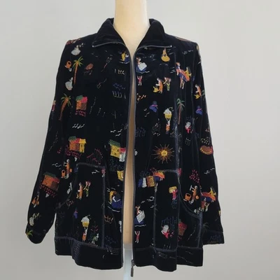 Vintage CHICO'S Design Size 3/XL Velvet Folk Art Embroidered Zip Up Jacket - Image 1 of 4