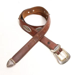 Vintage Billy Belts Medium Brown Leather Gold Silver Tone Oval Concho Buckle - Picture 1 of 15