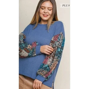 New UMGEE XL 1XL Multicolor Floral Long Puff Sleeve Blue Waffle Knit Top - Picture 1 of 7