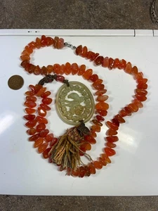 Vintage Chinese Carved Jade Parrot Pendant w/embroidered Cord Carnelian Necklace - Picture 1 of 15
