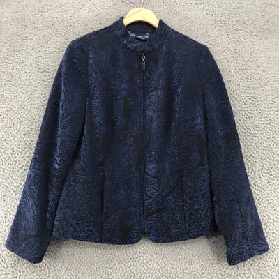 Chaqueta Susan Graver Mujer Extra Pequeña Azul Marino Paisley Terciopelo Bolsillos con Cremallera Completa Foto 1 de 4