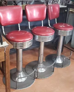 Set of 3 Vintage Chrome & Red Vinyl Stools with Round Bottom Base & Foot Rests - Picture 1 of 4