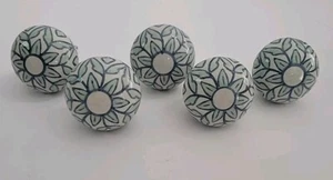 Hand Painted Ceramic Knobs 2" Cabinet Drawer Set of 5 Green Blue Flower Design - Picture 1 of 7