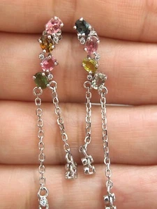 Sterling Silver Natural Tourmaline Mixed Colour Dangling Earrings UK Seller 652 - Picture 1 of 5