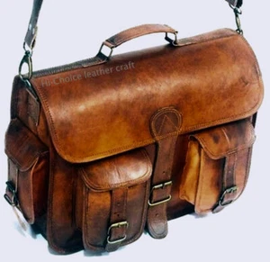 Sac cuir de chèvre homme marron S ordinateur portable messager mallette vinta... - Imagen 1 de 8