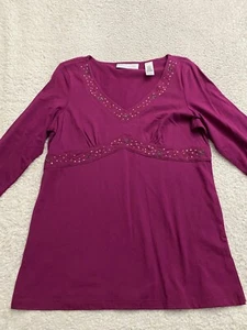First issue Women 3/4 Sleeve Beaded V-Neck Blouse Berry Size M Cotton - Picture 1 of 11