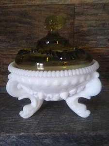 Vintage Westmoreland Argonaut Candy Dish Milk Glass Bottom with Green Glass Lid - Picture 1 of 4