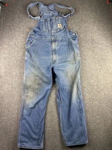 Carhartt Bib Overalls Mens 44x32 Blue Denim R07-DST Workwear Carpenter Utility - Picture 1 of 16