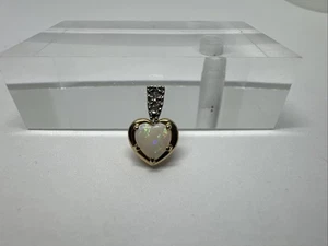 Vintage 14k Yellow White Gold Opal Heart Pendant Charm with Diamond - Picture 1 of 13
