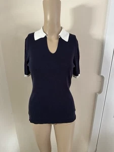 S Mulberry Silk BLEND Knit V Neck Navy Blue Women’s Polo T Shirt RRP: £120 - Picture 1 of 7