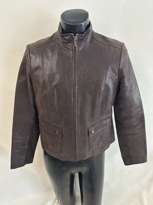 Alfani真皮夹克女式大号棕色蛇皮压花全拉链 — 第 1/4 张图片